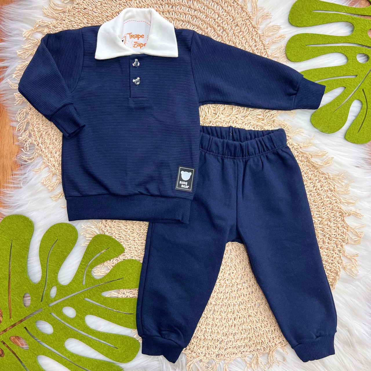 Conj. Casaco com Gola Baby Bear e Calça de Moletom - Marinho e Off White